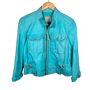 Double D Ranch Turquoise Leather Metal Studded Jacket Medium 18x22
